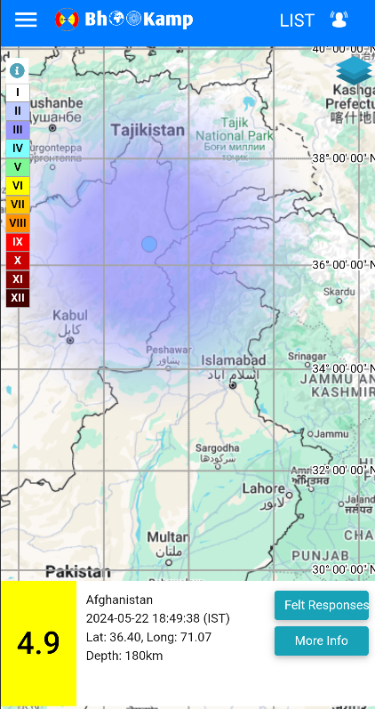 EQ of M: 4.9, On: 22/05/2024 18:49:38 IST, Lat: 36.40 N, Long: 71.07 E, Depth: 180 Km, Location: Afghanistan. For more information Download the BhooKamp App riseq.seismo.gov.in/riseq/earthqua… @KirenRijiju @Ravi_MoES @Dr_Mishra1966 @ndmaindia @Indiametdept