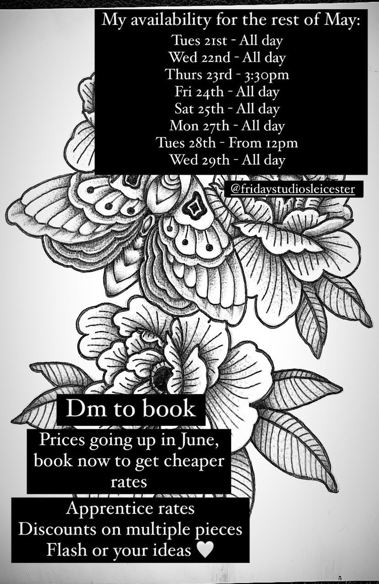 Anyone fancy a tattoo?
These are my last few dates in May before my rates go up next month 🖤 
Message to get booked in!