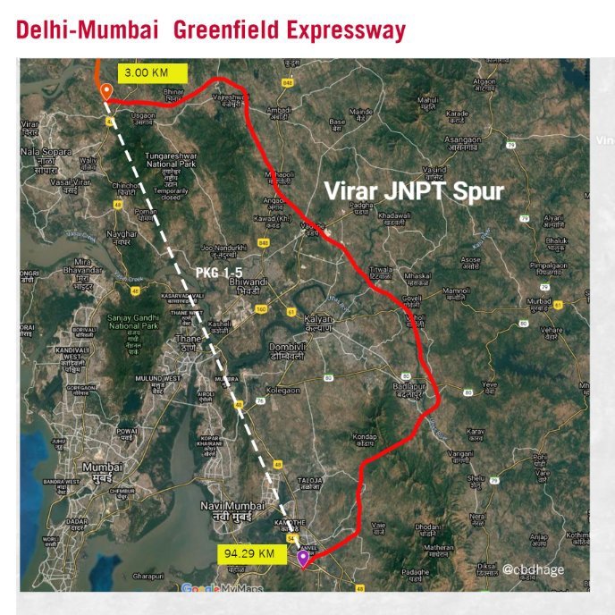 Delhi Mumbai Expressway Virar - JNPT Spur JNPT Spur is a 92 km long, 8 lane access controlled Expway connecting Delhi Mumbai Eway in Virar to JNPT Port in Navi Mumbai Complete Overview of the Spur, its Interchanges, Construction Packages, estimated Cost & Updates A Thread..