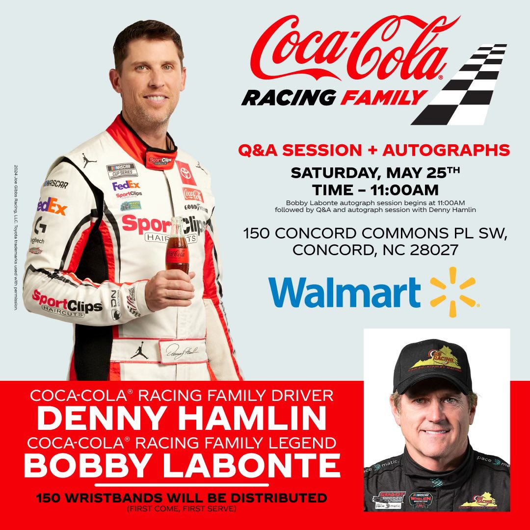 Bobby Labonte (@bobby_labonte) on Twitter photo Join me this Saturday, May 25 from 11:00 to 1:00 at Walmart, 150 Concord Commons Place - I’ll be doing a Q&A and signing autographs! The first 150 get wristbands so be there early!
<a href="/CocaColaRacing/">Coca-Cola Racing</a> Join me this Saturday, May 25 from 11:00 to 1:00 at Walmart, 150 Concord Commons Place - I’ll be doing a Q&A and signing autographs! The first 150 get wristbands so be there early!
<a href="/CocaColaRacing/">Coca-Cola Racing</a>