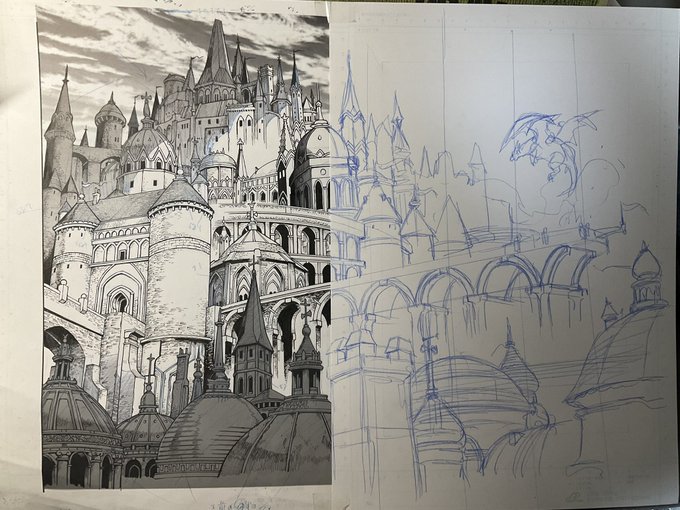 延長して見開き作戦は無謀のような気がしてきた。そもそもコレでは原稿の接合部が単行本の喉の部分に隠れないよな。クラクラ😵‍💫それにトーンで貼られた雲の部分をどうするんだ、私。 なんか知恵よ、降ってきてくれ。 