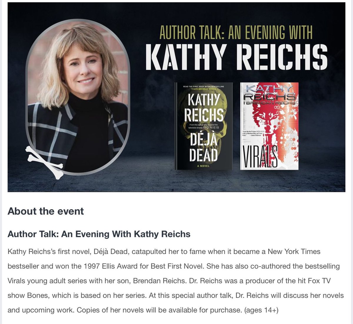 @KathyReichs Author Talk An Evening With #KathyReichs | Happening Tomorrow in #Lexington allevents.in/lexington/2000… #Bones