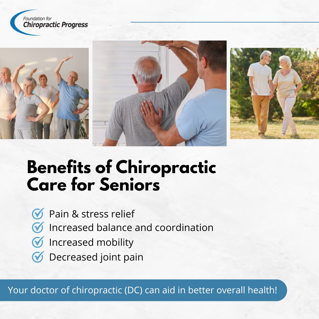 There are many benefits of chiropractic care for older adults! 

✔️ Pain and stress relief
✔️ Increased balance and coordination 
✔️ Increased mobility 
✔️ Decreased joint pain

 #ChiropracticCare #SeniorHealth #HealthyAging