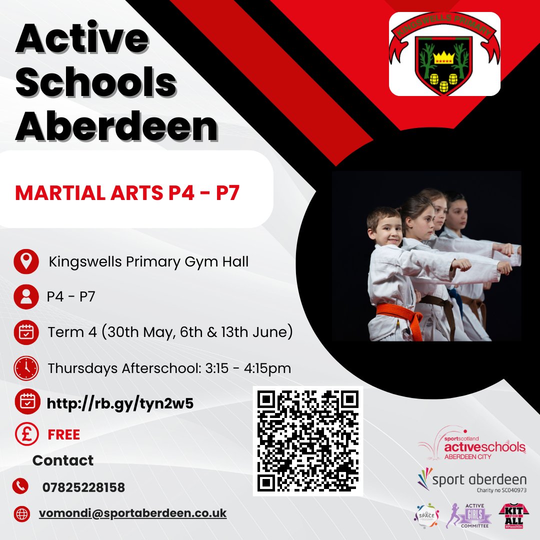 Due to demand we now have a few extra slots added to our P4 - P7 Sooyang Do Martial Arts Taster Sessions <a href="/KingswellsSch/">Kingswells School</a> starting next week on Thursday 30th May. 

We are looking forward to welcoming our little warriors! 

<a href="/KingswellsPC/">KingswellsPC</a>