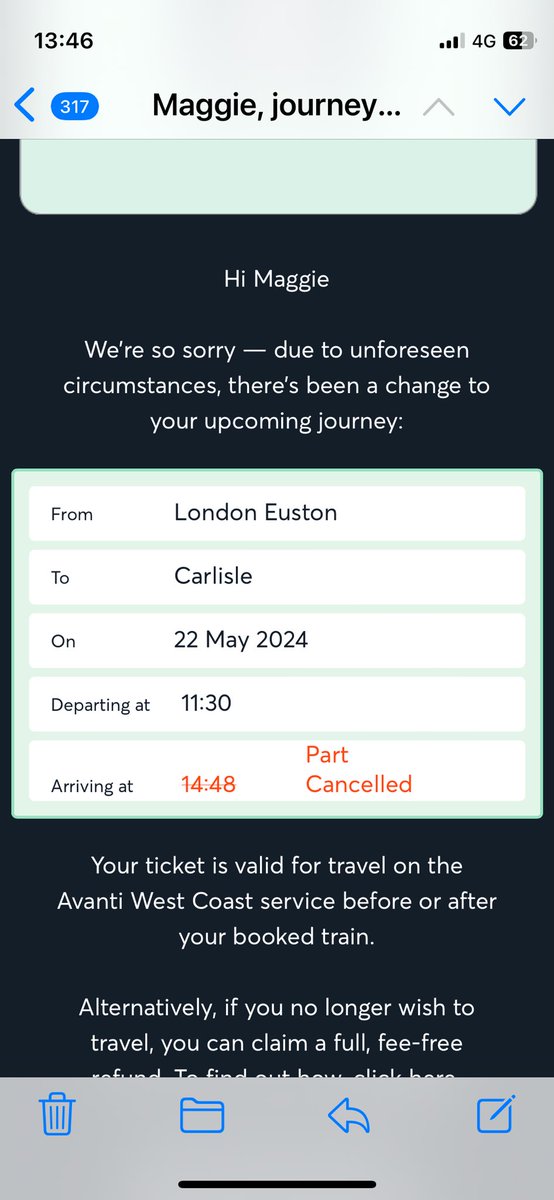 Don’t you just love <a href="/AvantiWestCoast/">Avanti West Coast</a> you are sat on a train that ran over its own pantograph and you receive an email saying your journey has been part cancelled. It is a single journey ticket and I have been stranded for a least an hour.