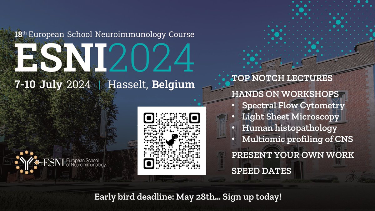 📢 Shout out to all young researchers in the field of neuroimmunology! 🙌 Join us in Hasselt for an exciting 3 1/2 days of topnotch lectures and lots of interactive activities at a budget friendly cost! ✍ Early bird deadline readily approaching! esnicourse.isniweb.org