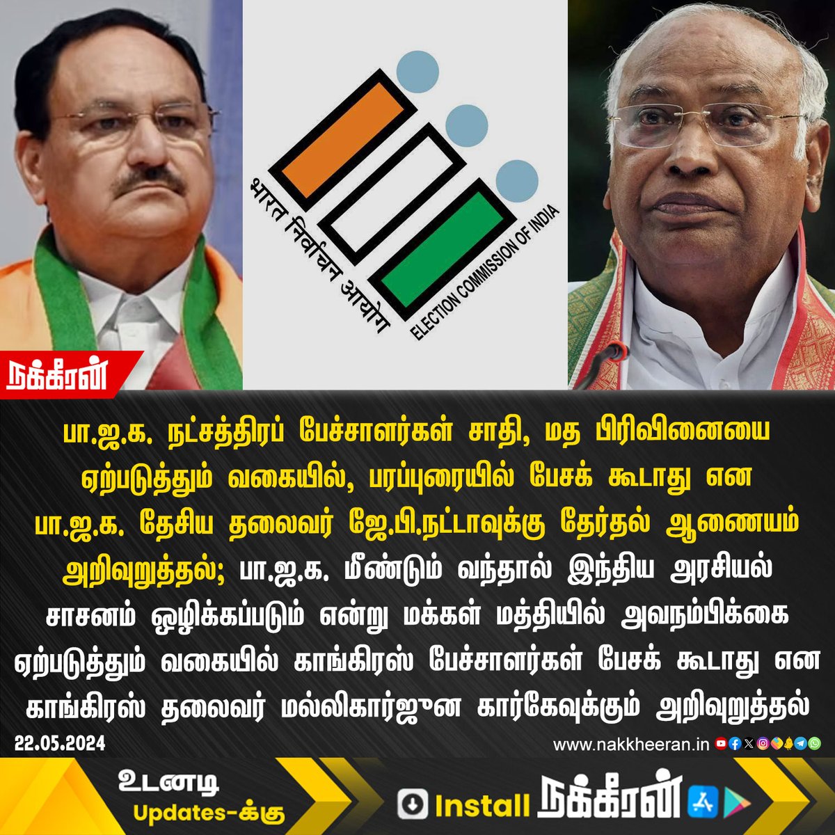 பா.ஜ.க. நட்சத்திரப் பேச்சாளர்கள் சாதி, மத பிரிவினையை ஏற்படுத்தும் வகையில், பரப்புரையில் பேசக் கூடாது என அக்கட்சியின் தேசிய தலைவர் ஜே.பி.நட்டாவுக்கு தேர்தல் ஆணையம் அறிவுறுத்தல்! #LokSabhaElections2024 #Nakkheeran