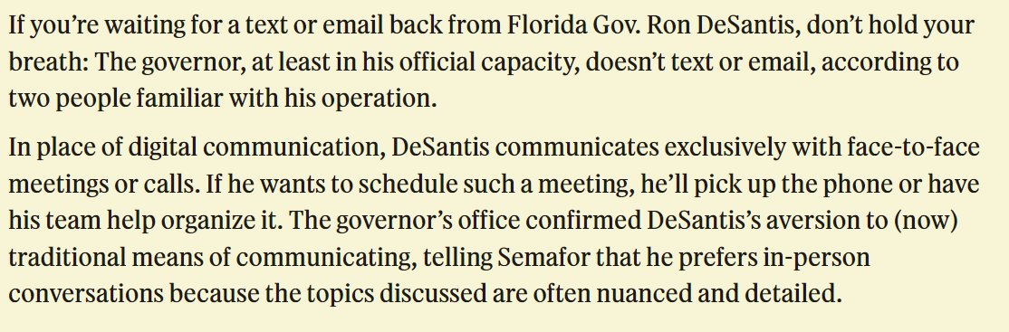 For those who missed it: Governor DeSantis does not text about any official matters. This was reported over a year ago and confirmed by the governor's office.