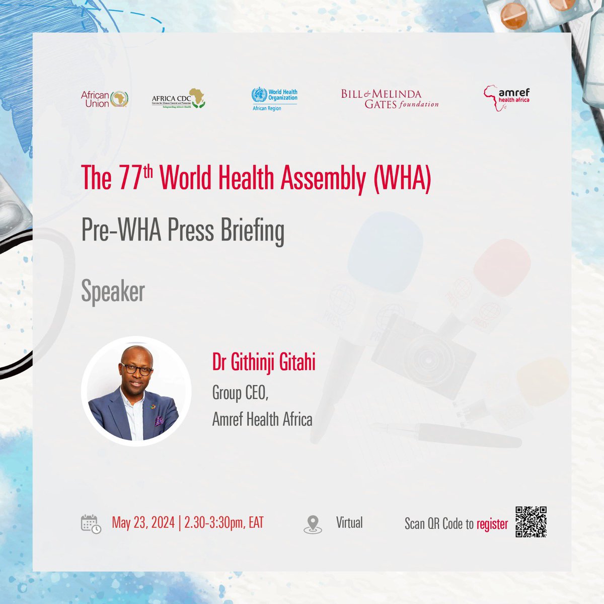 Join the global health community tomorrow. The 77th World Health Assembly pre-Press Briefing, moderated by Dr. Mercy Mwangangi will be takeing place from 2:30-3:30 pm. Register now at: amref.zoom.us/webinar/regist… and be part of shaping the future of healthcare. #AmrefAtWHA77