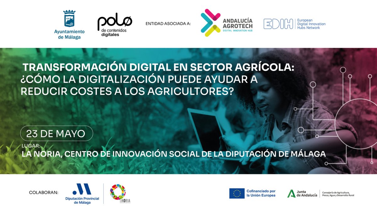 ¿Sabes cómo la digitalización puede ayudar a reducir costes en la #agricultura? La Noria y el @PoloDigitalMLG, en el marco de @DIHAndAgrotech, celebran la jornada ‘Transformación Digital en el Sector Agrícola'. Inscripciones👇 malaga.es/lanoria/3605/c…