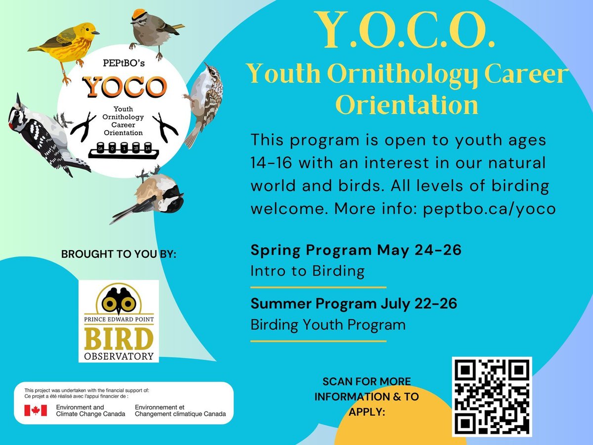 Last call for YOCO!

This is an amazing opportunity for 14- to 16- year-olds with an interest in the natural world - please share widely. 

For more info: peptbo.ca/yoco

#BirdingForTeens #YoungNaturalists #NatureCareer