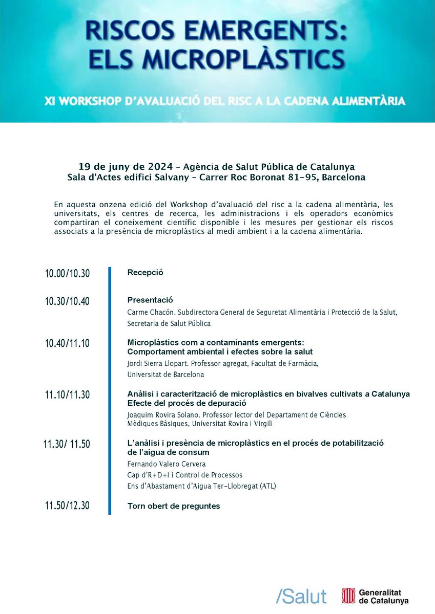 El proper 19 de juny tindrà lloc l’onzena edició del Workshop d’avaluació del risc a la cadena alimentària.

Parlaré sobre l' Anàlisi i caracterització de #microplàstics en bivalves cultivats a Catalunya
Efecte del procés de depuració.