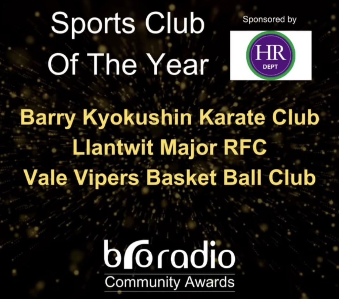 Vale Sports Team||Tim Chwaraeon y Fro (@valesportsteam1) on Twitter photo Congratulations to our three Vale Sports Clubs who have made the shortlist for <a href="/BRORADIO/">Bro Radio</a> Community Awards in the Sports Club of The Year category <a href="/BarryKyokushin/">Barry Kyokushin</a> π₯<a href="/LlantwitRugby/">Llantwit Major RFC</a> π <a href="/ValeVipers/">Vale Vipers</a> π
Good luck all! Congratulations to our three Vale Sports Clubs who have made the shortlist for <a href="/BRORADIO/">Bro Radio</a> Community Awards in the Sports Club of The Year category <a href="/BarryKyokushin/">Barry Kyokushin</a> π₯<a href="/LlantwitRugby/">Llantwit Major RFC</a> π <a href="/ValeVipers/">Vale Vipers</a> π
Good luck all!