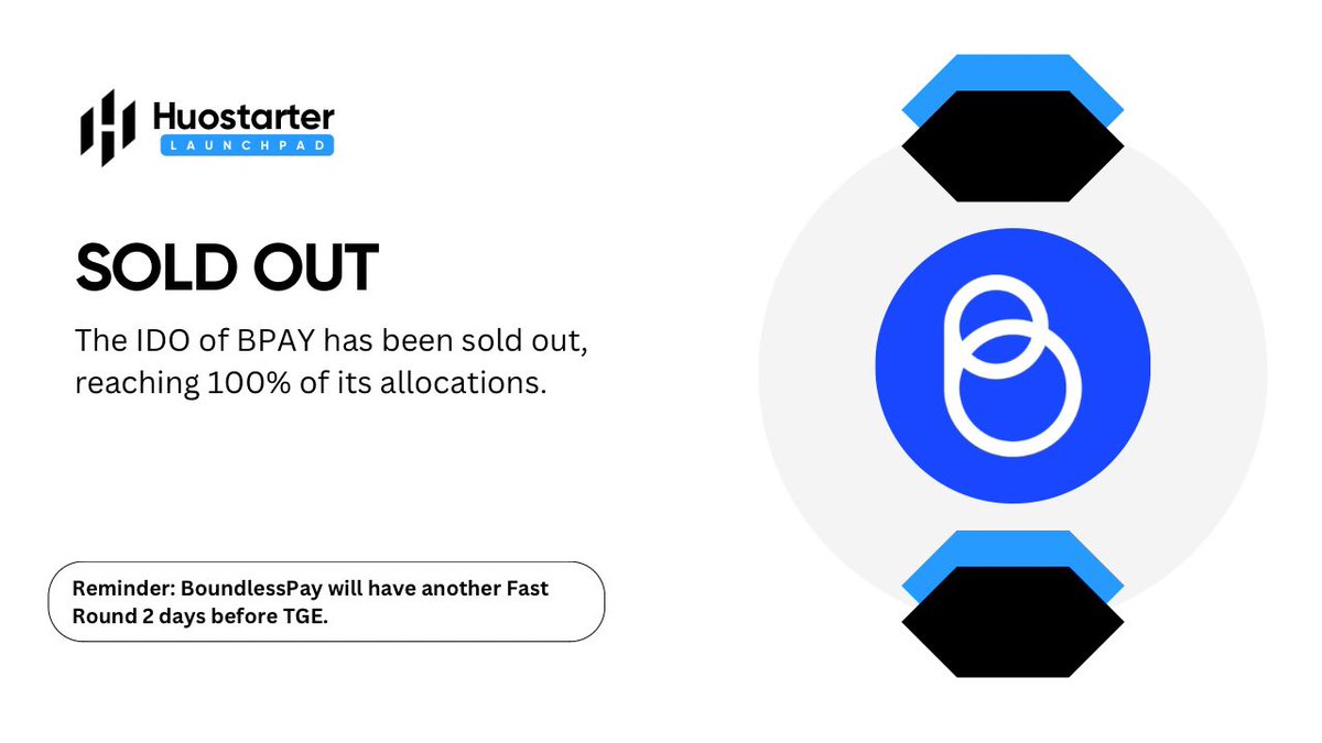 The IDO of @bpay_token has been successfully SOLD OUT.

Stay tuned for the $BPAY TGE and Huostarter Revenue Sharing Airdrops.

There will be Fast Round for the IDO 2-4 days before TGE.