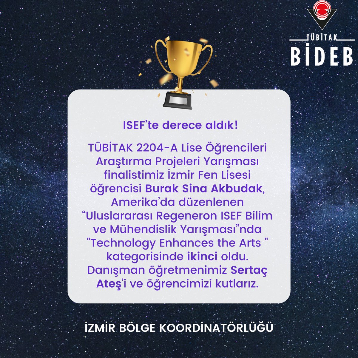 🏆 1️⃣7️⃣9️⃣9️⃣ öğrencinin 1️⃣3️⃣6️⃣0️⃣ projeyle yarıştığı dünyanın en büyük bilim ve mühendislik yarışması olan Uluslararası Regeneron ISEF Bilim ve Mühendislik Yarışmasında 2️⃣ Büyük Ödül İzmir Bölgesinden!
<a href="/Tubitak/">TÜBİTAK</a> <a href="/ProfHasanMandal/">Prof. Dr. Hasan Mandal</a> <a href="/TubitakBIDEB/">TÜBİTAK BİDEB</a> <a href="/OFUrsavas/">Ömer Faruk Ursavaş</a> <a href="/onur_donmez/">Onur Dönmez</a> <a href="/izmirfenlise/">İzmir Fen Lisesi</a>