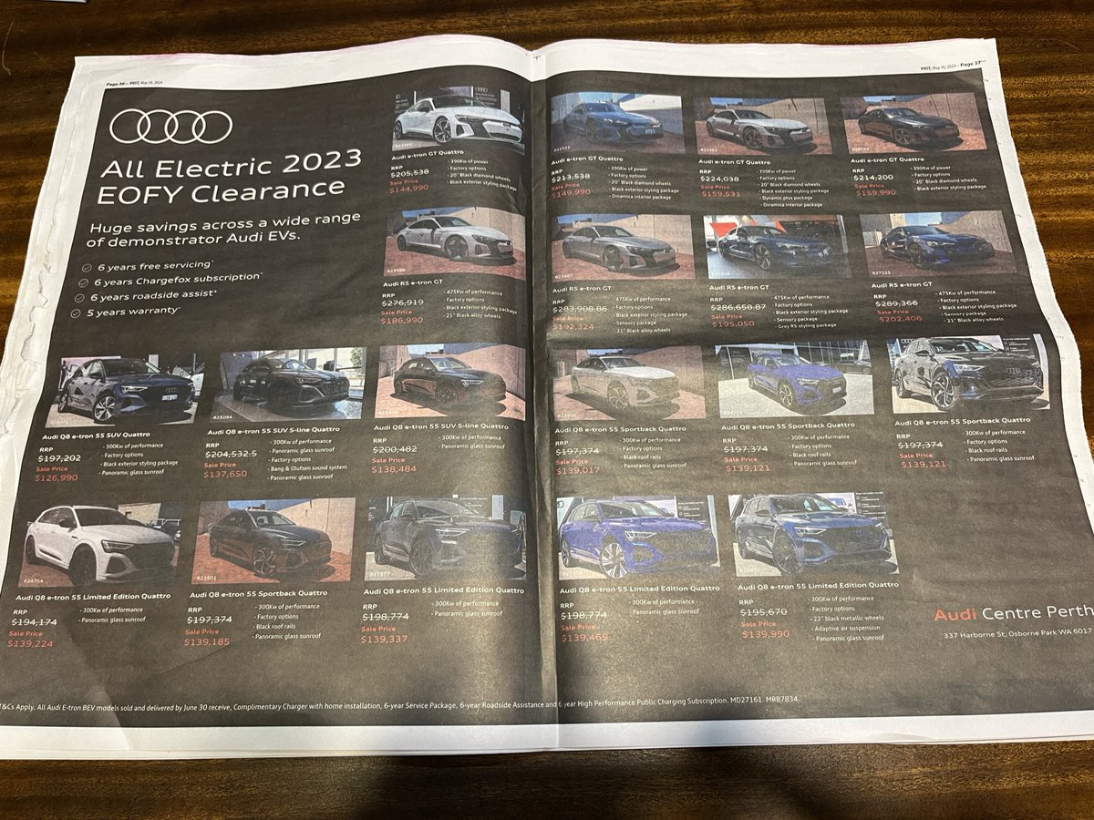 Poor old Audi taking a bath on EVs. Largest price reductions are around $90k. Snap up a bargain for $195,000. T&amp;Cs apply.