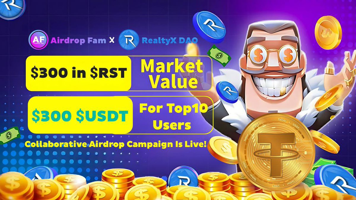 ✨ SuperDefi X @RealtyX_DAO #Coin #USDT BIG #Airdrop 🎁 Prize Pool «»$300 USDT + $300 worth of $RST #Giveaway ✅ Follow @SuperDefi_Dao & @RealtyX_DAO ✅ Like, RT and Tag 3 Friends ✅ Complete #AirdropBot all task ⤵️ t.me/RealtyXairdrop… ⏳ End Date :- 27 May 🙌