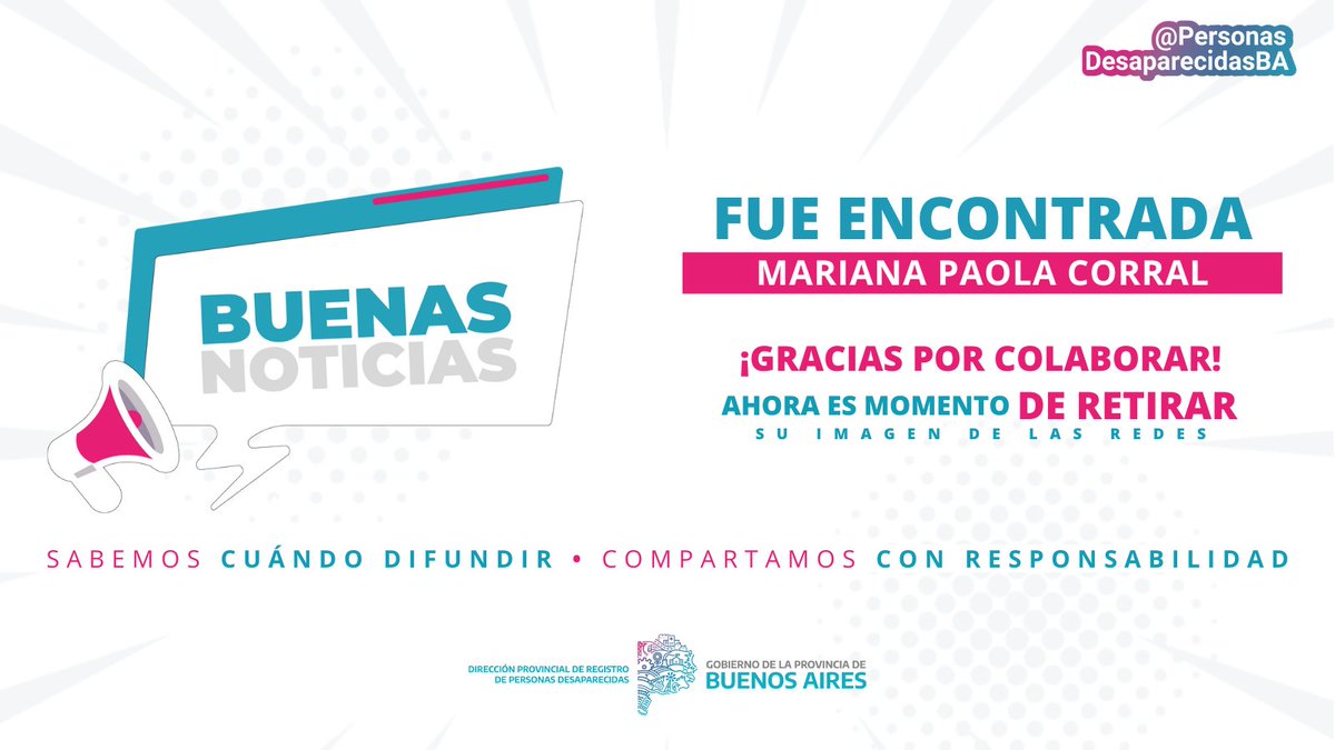 😊 B U E N A S N O T I C I A S ✨ 🙌🏼 Tenemos el agrado de informar que Mariana Paola Corral de #MelchorRomero, partido de #LaPlata, fue encontrada y ya se encuentra junto a sus seres queridos. Gracias por colaborar ! 💜