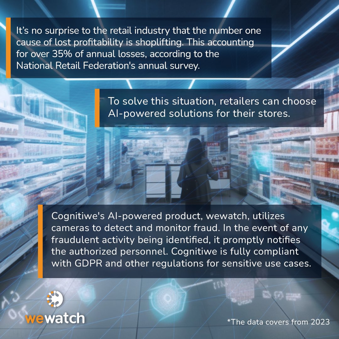 cognitiwe's tweet photo. Cognitiwe's wewatch AI-focused approach minimizes the risk of theft, maximizes security, and assists supermarkets in managing their resources efficiently. https://t.co/0SbYiUVwQy