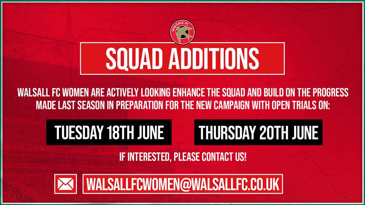 ⚽️Interested in joining a competitive squad? @WalsallFCWomen will be holding open trials next month in preparation for the upcoming 2024/25 campaign! If interested, get in touch below!⤵️ 📧walsallfcwomen@walsallfc.co.uk