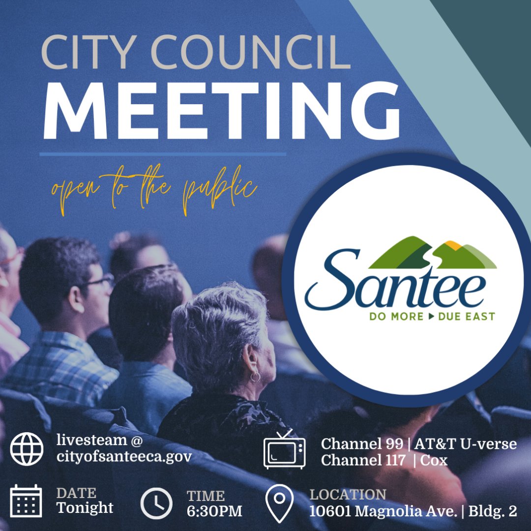 The Santee City Council is holding a Bi-Monthly Meeting this afternoon at 6:30PM. It will be held at the Santee City Hall, 10601 Magnolia Avenue, in Building 2. The meeting will also be live-streamed at cityofsanteeca.gov. #santeechamber #ecyp