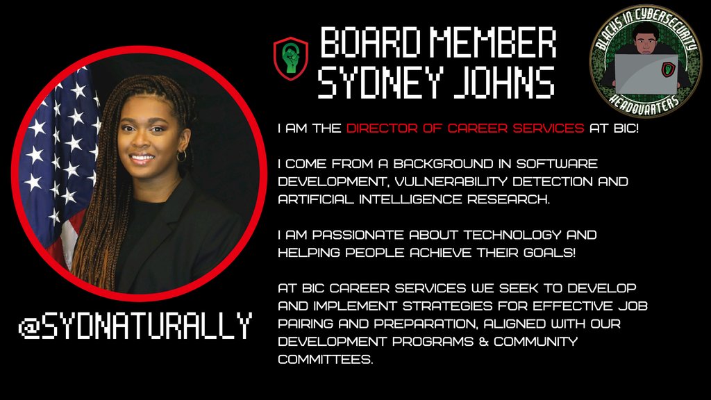 Meet our Director of Career Services ! 💼

#BlacksInCyber #LitLikeBIC #BlacksInCybersecurity #BIC #Hackers #Makers #Cybersecurity⁠