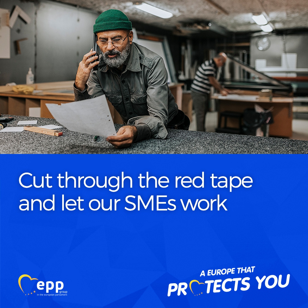 Entrepreneurship thrives on freedom. That is why cutting ✂️ red tape by 33% is our priority. Let SMEs do their job without further bureaucratic barriers. Time for a Europe that protects SMEs. Read: epp.group/asdyuiwe #EuropeProtects