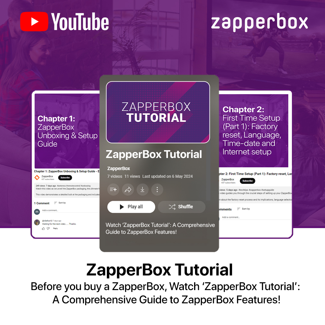 We are introducing our new playlist on YouTube: ZapperBox Tutorial. Before you buy a ZapperBox, Watch this: A Comprehensive Guide to ZapperBox!

Watch now: zurl.co/P9wU 

#zapperboxtutorial #unboxing #firsttimesetup #nextgentv #tvfeatures #tvguide