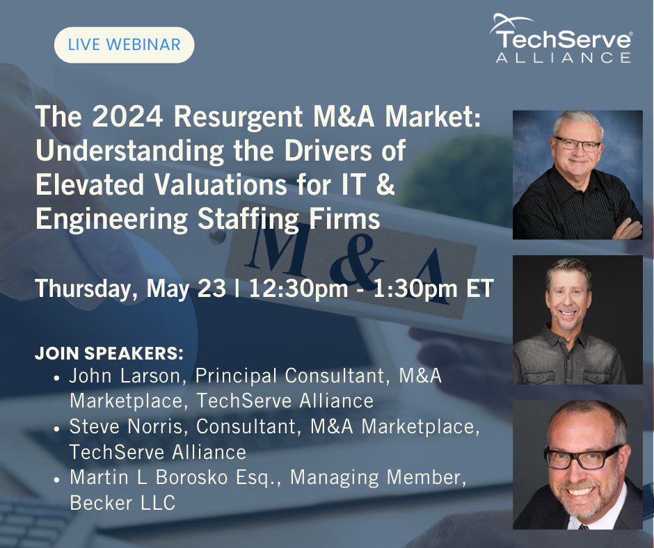 There's still time to register! 

Tomorrow, don't miss our webinar on M&A for an overview of the market and the key drivers of elevated valuations. as well as the evolution of deal terms. 

Secure your spot today:  hubs.la/Q02xXq_y0 

#techstaffing #MandA