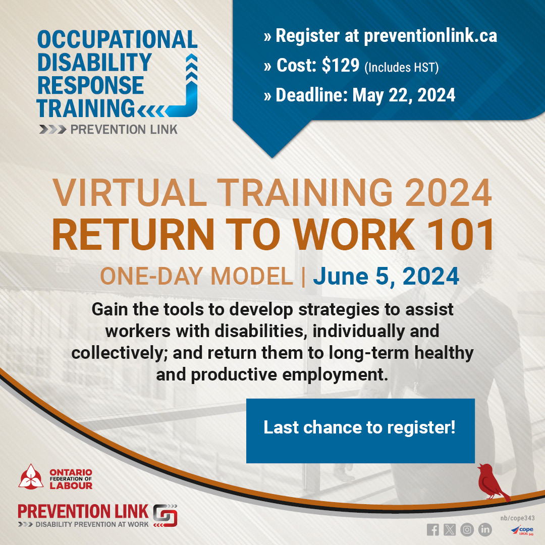 Preventionlink's tweet photo. Last chance to register for the virtual Return to Wok, one-day, course! 
To register 👉 https://t.co/9FFa99sHUn
When: June 5, 2024
#workerscomp #wsib #healthandsafety  #ReturnToWork #VirtualCourse #WorkplaceSafety #OccupationalHealth #SafetyTraining https://t.co/rDAD2IyKCL