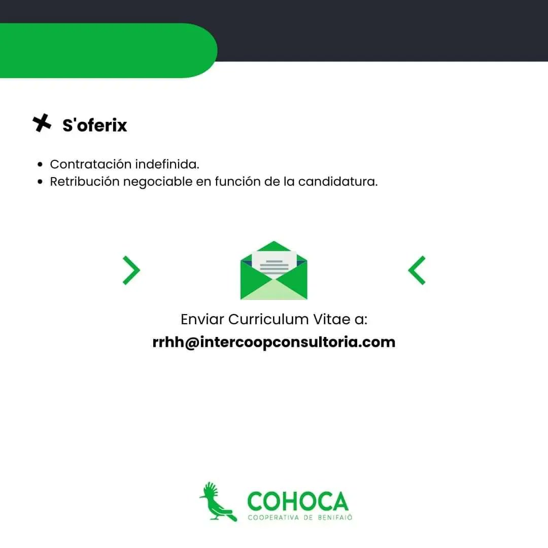 📢‼️ OFERTA LABORAL EN COHOCA COOPERATIVA DE BENIFAIÓ

🖥️ El perfil que es requereix per al lloc de treball és d'Inforàtica - Administració.

📩 Envia el teu Curriculum Vitae a rrhh@intercoopconsultoria.com fins al 7 de juny de 2024.

🔗 Més informació en les imatges.

#Cohoca