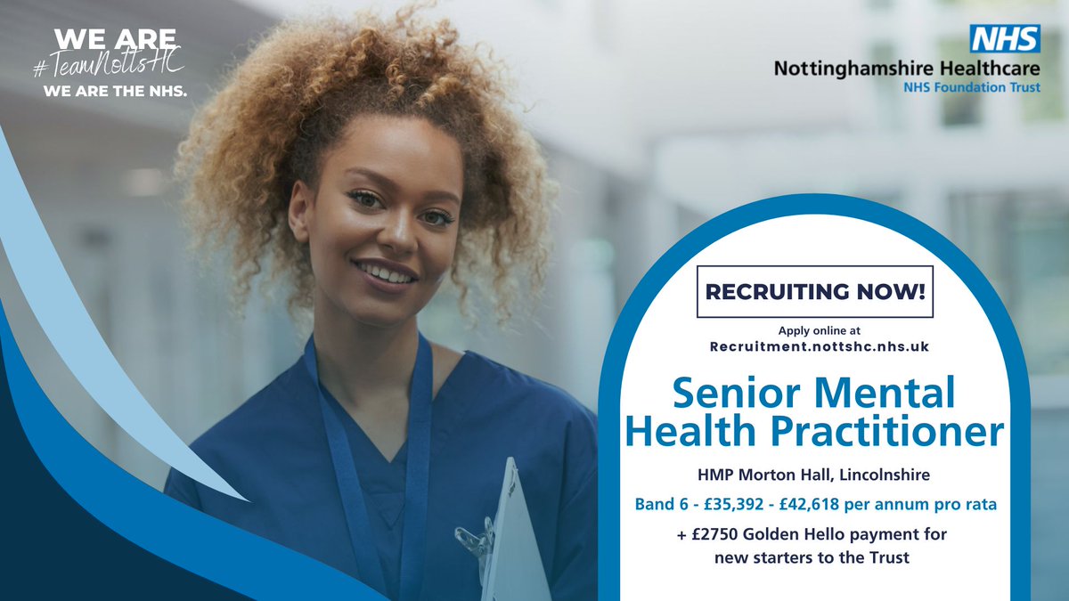 NottsHealthcare's tweet photo. An exciting opportunity has arisen for a Senior Mental Health Practitioner to join the team working at HMP Morton Hall. 

💷 Band 6 £35,392 - £42,618 per annum 
🗺️ HMP Morton Hall, Lincolnshire
⭐ £2750 Golden Hello for new starters to the Trust!

👉 https://t.co/ndN3iG8YeP https://t.co/llXIpUU72A
