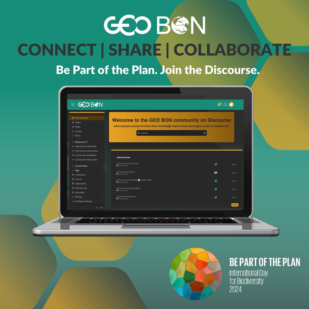 🌍 Happy #BiodiversityDay2024! We’re thrilled to announce the rollout of Discourse: GEO BON's new platform for collaboration and knowledge sharing. Get ready to connect with fellow GEO BON members, engage in meaningful discussions, and #BePartOfThePlan!✨