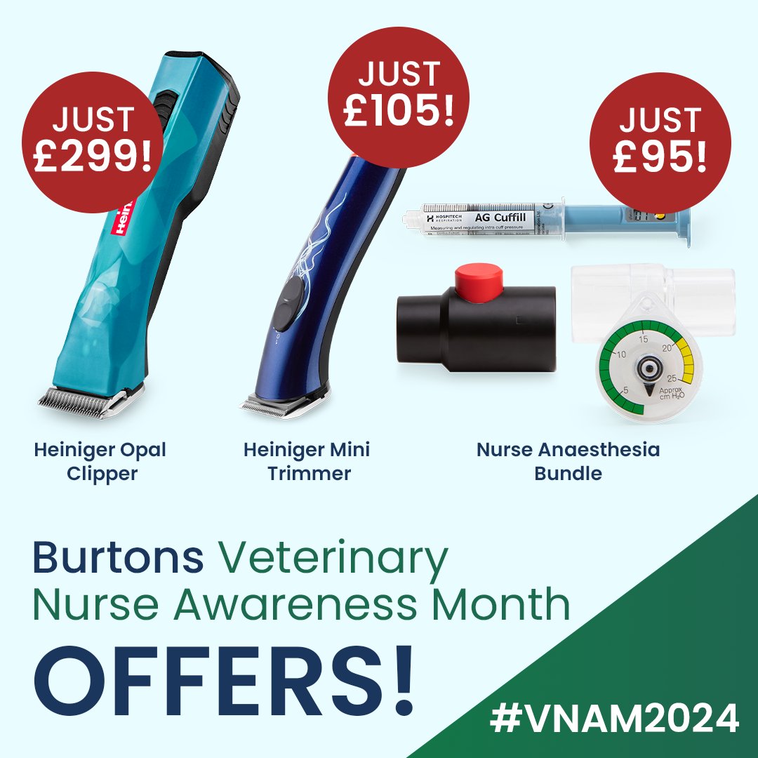 Burtonsvet's tweet photo. Heiniger Opal clipper, Mini trimmer, Littmann stethoscopes, Toffeln footwear, and our nurse anaesthesia bundle are all included in vet nursing equipment discounts this #VNAM2024 💚

Shop here 👉 https://t.co/9aqsbVjkIO

#VNAM WhatVNsDo https://t.co/kZIydC2K4k