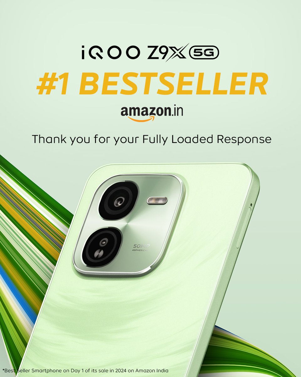 Thank you for the overwhelming response! #iQOOZ9x claims the top spot as the bestseller on @amazonIN. Your support fuels our quest for excellence 🏆. #FullDayFullyLoaded