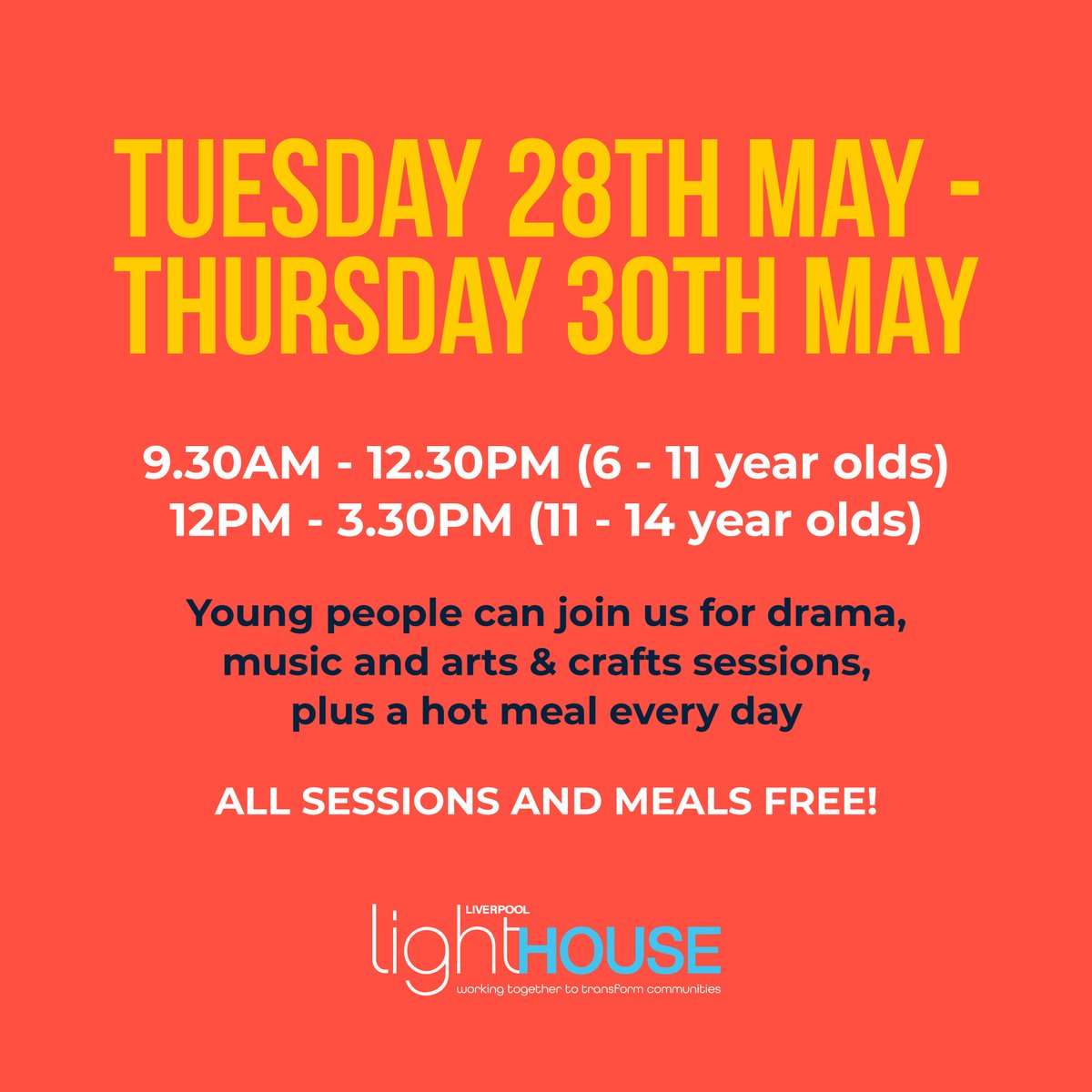 Next week we are opening up our doors for our May Half-Term Holiday Club! ⛱️ Young people aged 6-14 can join us for drama, music and arts and crafts sessions! Email kelsey.Cullen@liverpoollighthouse.com to sign up! SHARE this post with someone who needs to see it!