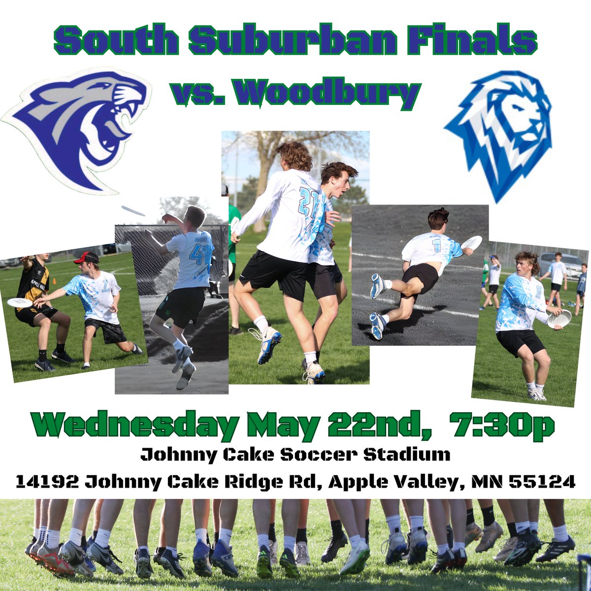 ITS CHAMPIONSHIP GAME DAY!!!!!

YOUR VARSITY OPEN WILDCATS TAKE ON WOODBURY AT 7:30P IN APPLE VALLEY FOR THE SOUTH SUBURBAN CONFERENCE TITLE!!!

<a href="/Eagan_Athletics/">Eagan Wildcats</a> <a href="/EAASports/">Eagan Athletic Association</a> <a href="/MinnesotaUlt/">Minnesota Ultimate</a> <a href="/MNYouthUltimate/">MN Youth Ultimate</a>