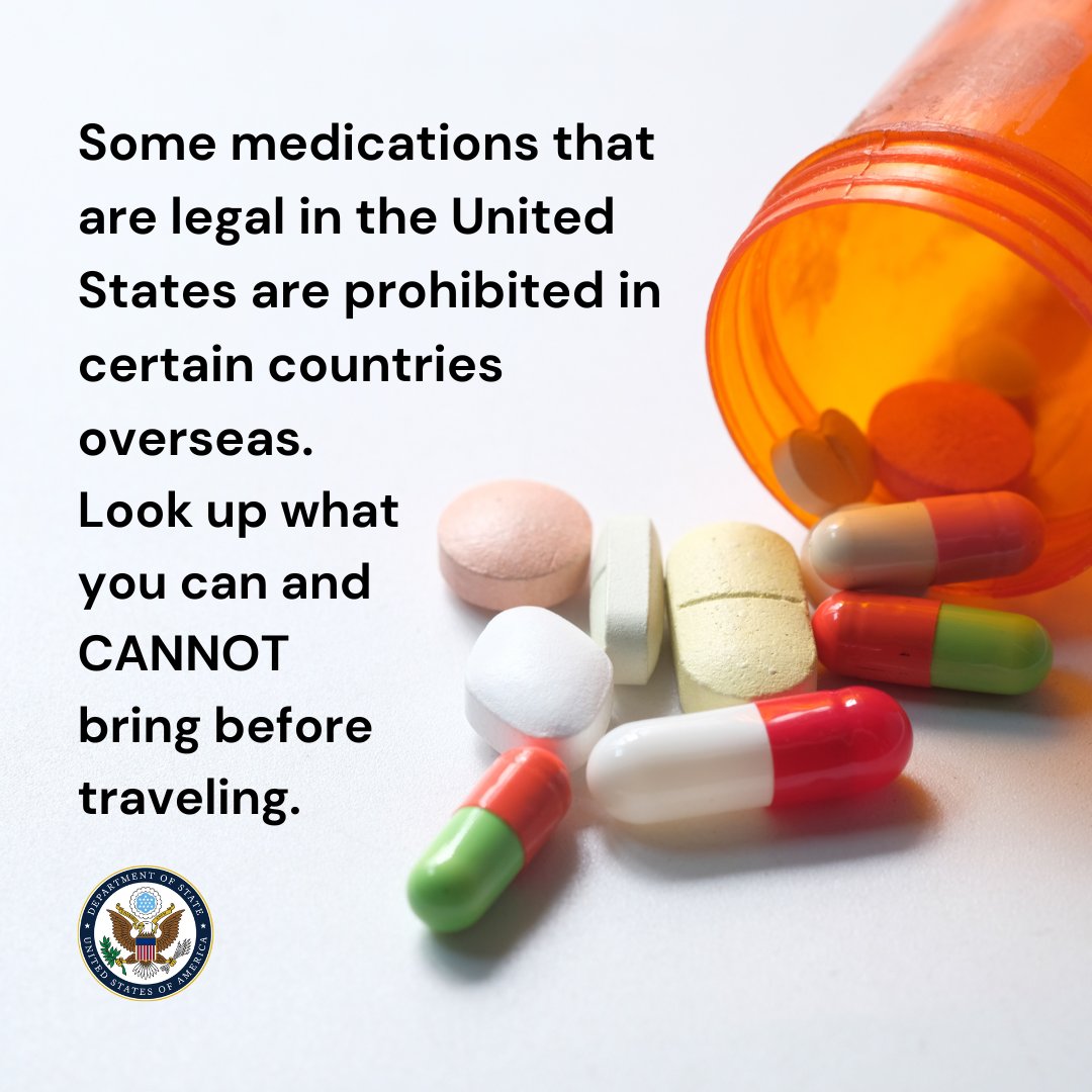 Some medications, including CBD products, that are legal in some U.S. states are prohibited in other countries and traveling with them could result in your arrest. Always look up your destination at travel.state.gov/destination before international travel to know what you can and