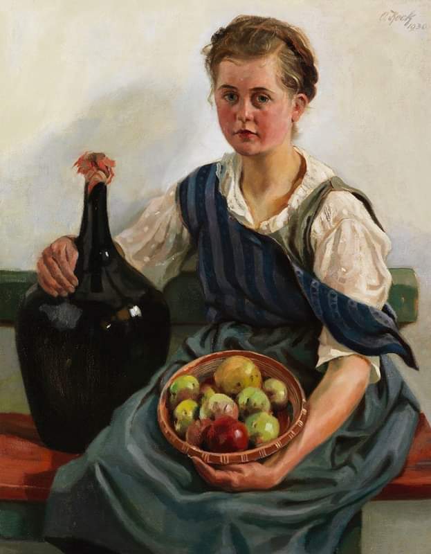 #ARTE #PAINTING PINTOR OTTO KECK 1873/1948 Alemán ' Chica con Cesta de Frutas y Botella de Vino' 1930..🖼 🎨 🖌