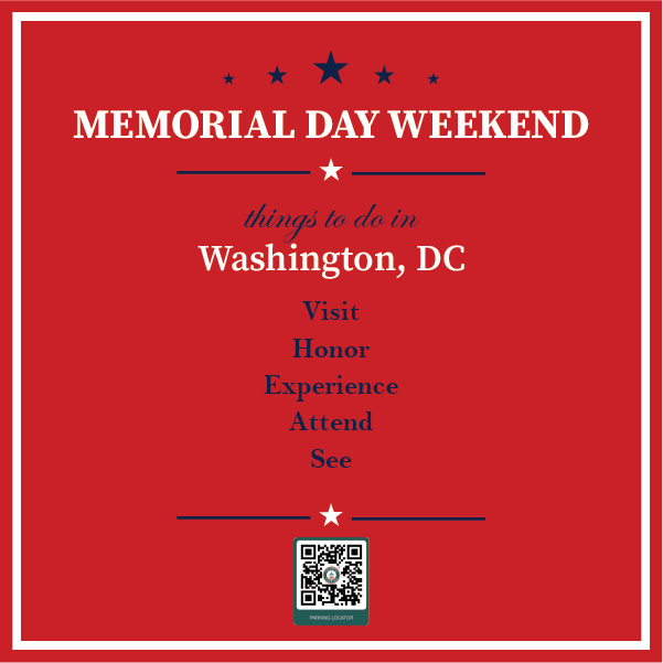 We've got a spot with your name on it for your upcoming Memorial Day plans! Reserve ahead using our qr code or at ecolonial.  #colonialparking #memorialdayweekend #avc #districtofcolumbia #DCevents #visitwashingtondc #nps