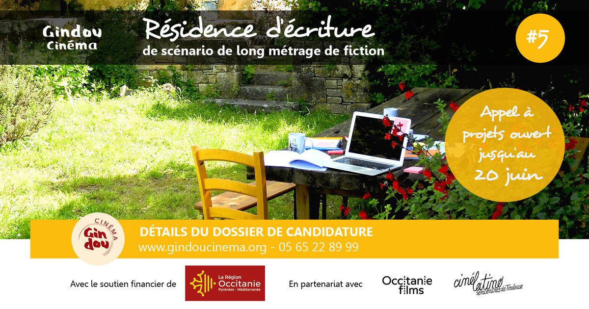 Résidence d’écriture de scénario de long métrage de fiction # 5 pour 4 auteurs et autrices d’Occitanie 
gindoucinema.org 
Avec le soutien financier de La Région <a href="/Occitanie/">Région Occitanie</a>  
En partenariat avec <a href="/Occitanie_films/">Occitanie films</a> et @cinelatinofest

#residenceecriture #scenario