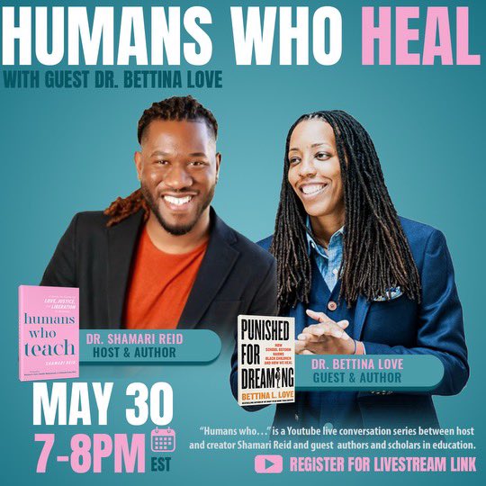 “Humans who…” the series! In this series I explore the humans and ideas behind the most powerful books in education. Join me on YouTube live on May 30th at 7pm to kickoff the series with my first guest @BLoveSoulPower ❤️ Register for livestream link here: downloads.heinemann.com/humans-who-tea…