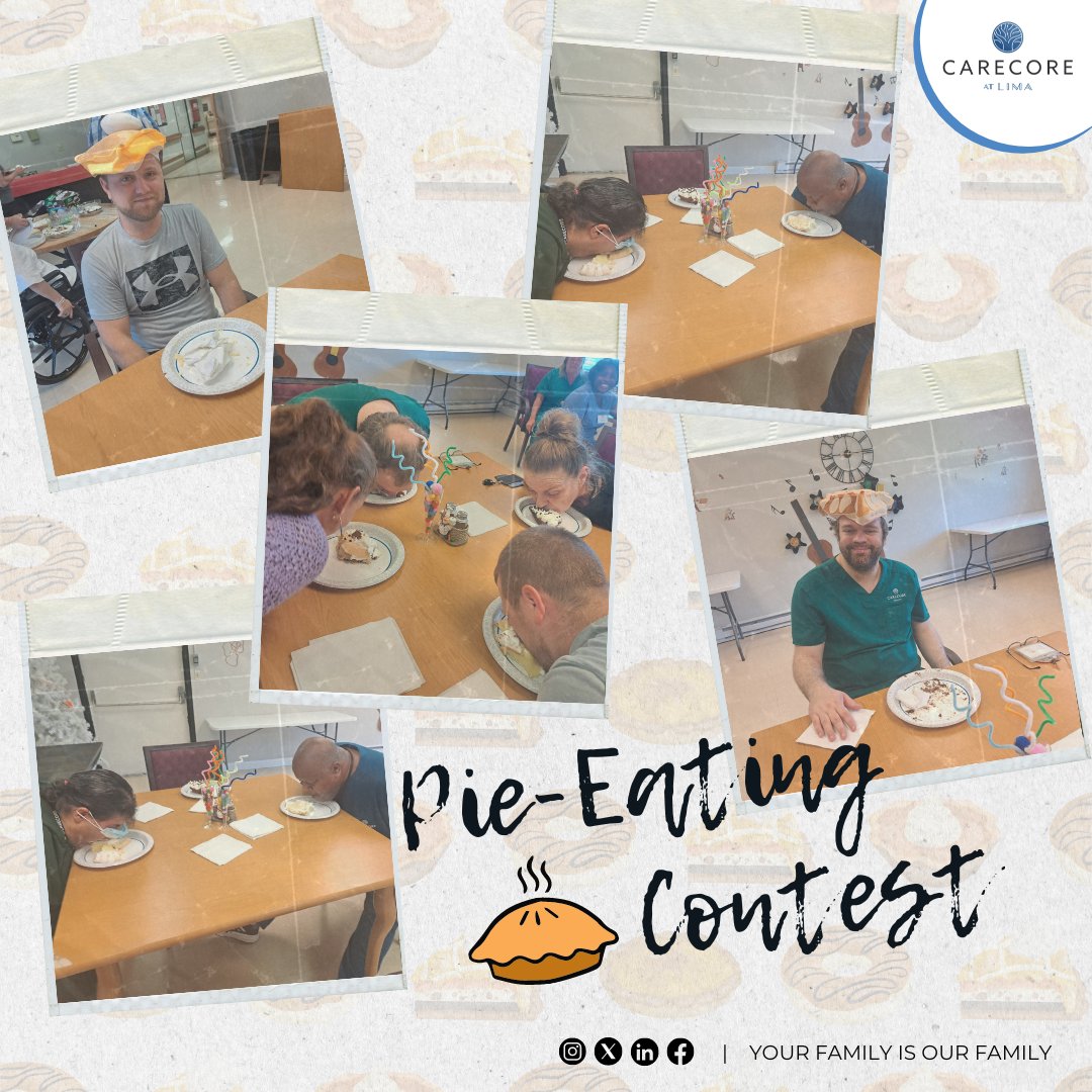 CarecoreLima's tweet image. Taking Nursing Home Week to the next level! Our staff brought their A-game to the pie-eating contest! 🥧 😋 #NursingHomeWeek #PieEatingContest