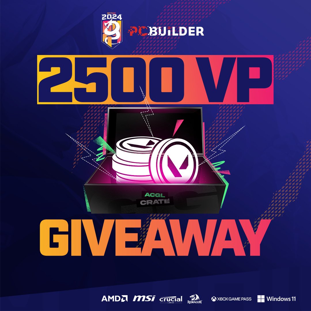 🚨IT'S GIVEAWAY TIME🚨

🫧We are giving away a $25 #Valorant Key to 1 lucky winner ‼️🔥
All you have to do is:
✅ Comment #Mythic24
✅ Like & Retweet this post
✅ Tag your carry💪

The Winner will be announced after the #Mythic24 Grand Final ‼️
@PCBuilderZA @AMDGaming @msigaming