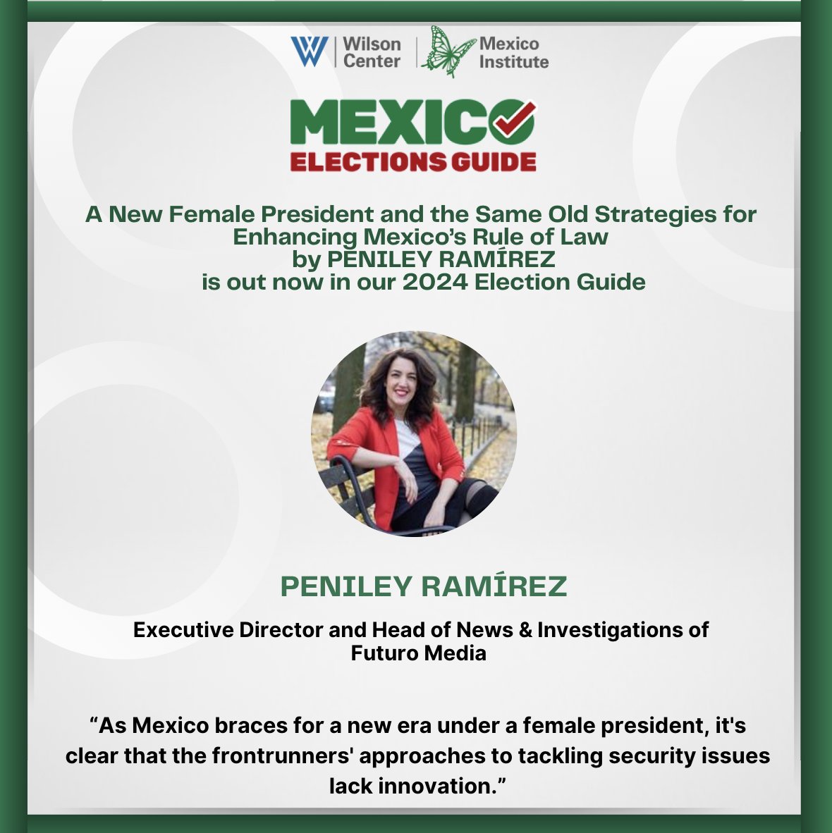 MexicoProgram's tweet photo. 🟢| Update | A New Female President and the Same Old Strategies for Enhancing Mexico’s Rule of Law by @penileyramirez out now in our #2024ElectionGuide!
Stay informed on what is at stake in Mexico’s largest electoral cycle! 📰
https://t.co/vuMA8Vr1J8 https://t.co/U3c0qCrHjj
