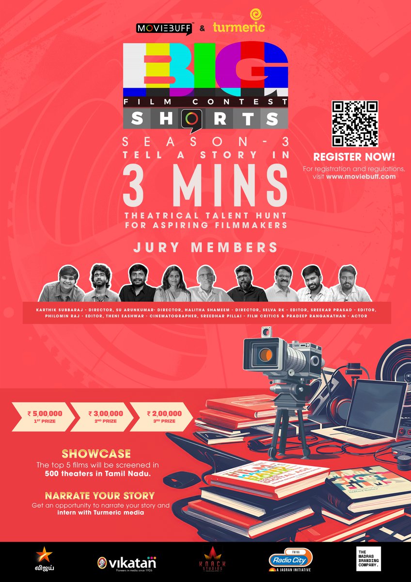 Rise to Fame in 3mins! Turmeric Media & Movie Buff presents #BigShorts film contest ➡️ youtu.be/nBOqxvHXxIY Shoot, Submit & Succeed with our Esteemed Juries #Mahendran @pradeeponelife @karthiksubbaraj @philoedit @DirSUarunkumar @halithashameem @EditorSelva @sreekar_prasad