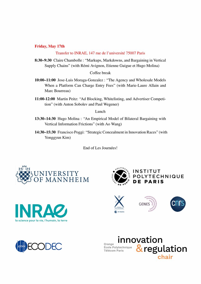 The second edition of the CREST-Mannheim workshop (also known as "Journées Mannheim-Palaiseau-Paris") took place in Paris and Palaiseau on May 16-17.

Researchers from CREST and MaCCI met in Paris and Palaiseau to discuss recent research in industrial organization