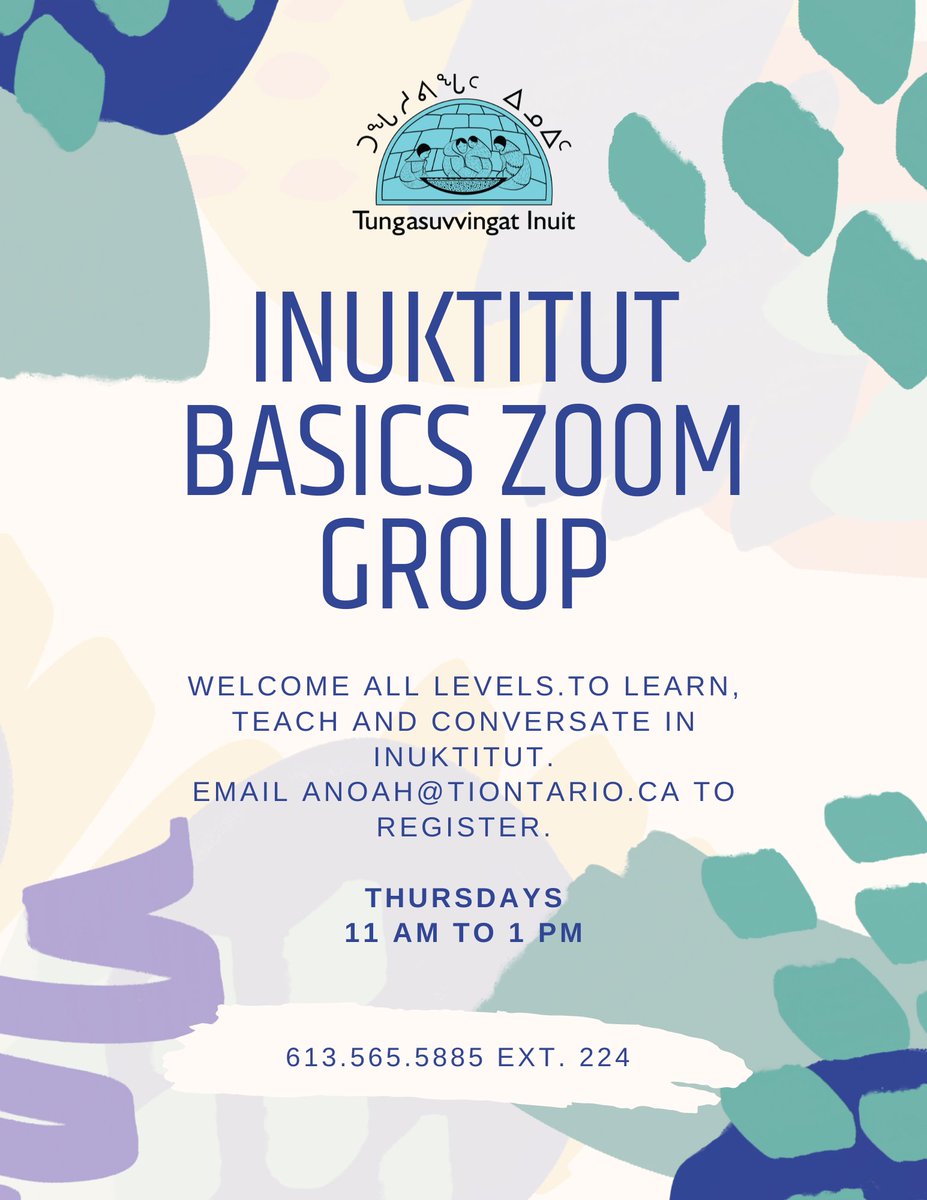 Join us tomorrow for our a weekly Inuktitut Basics program, every Thursday from 11am to 1pm. All levels welcome, to learn, teach and converse in Inuktitut. ➡️Email anoah@tiontario.ca to register.