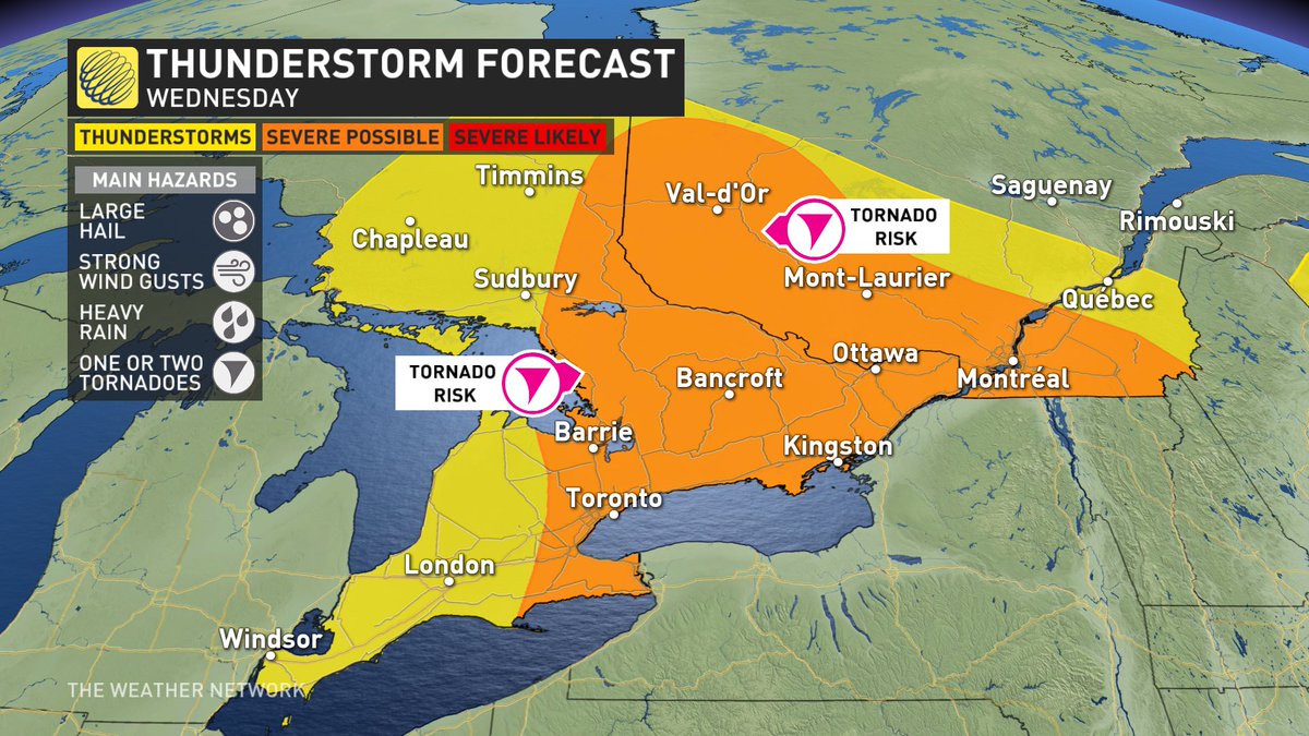 Today is expected to be an active day across Ontario and southern Quebec. Based off SPC outlook as well damaging winds, large hail and localized flooding is possible for areas in orange. Two regions, NW ON and S.QC, also at a heightened risk for rotating storms! #onwx #qcwx