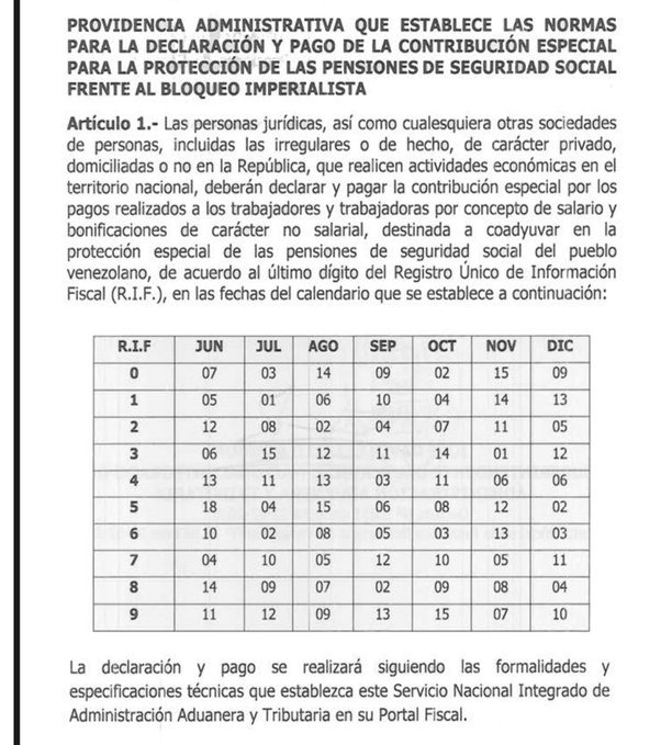webnotitarde's tweet photo. #Venezuela | En Gaceta Oficial: Publican las normas y el calendario para declarar y pagar contribución a pensiones 

Las empresas deberán reportar trimestralmente al Seniat el número de trabajadores activos y convertir a bolívares oficiales los salarios y bonos pagados en divisas https://t.co/PlCG9X78Td